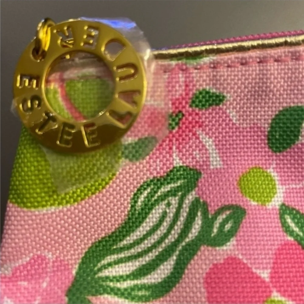 Lilly Pulitzer for Estee Lauder Pink Floral Tiger Cosmetic Bag 10x5 Gold Metal